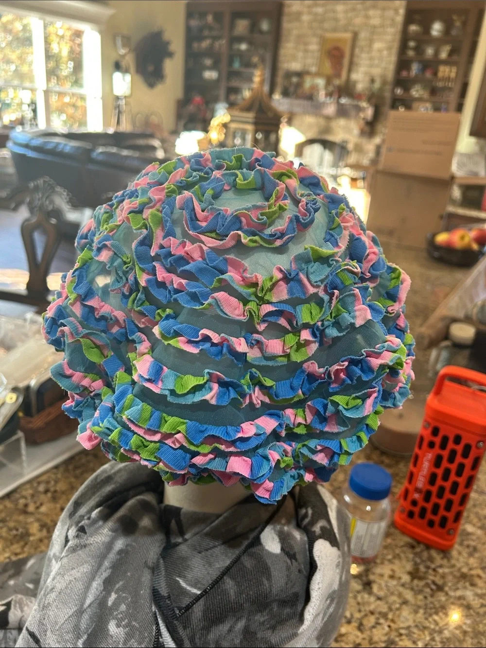 OSFM Ruffled Bonnet Hair Cover Swim Cap - Multicolor Blue, Pink & Green